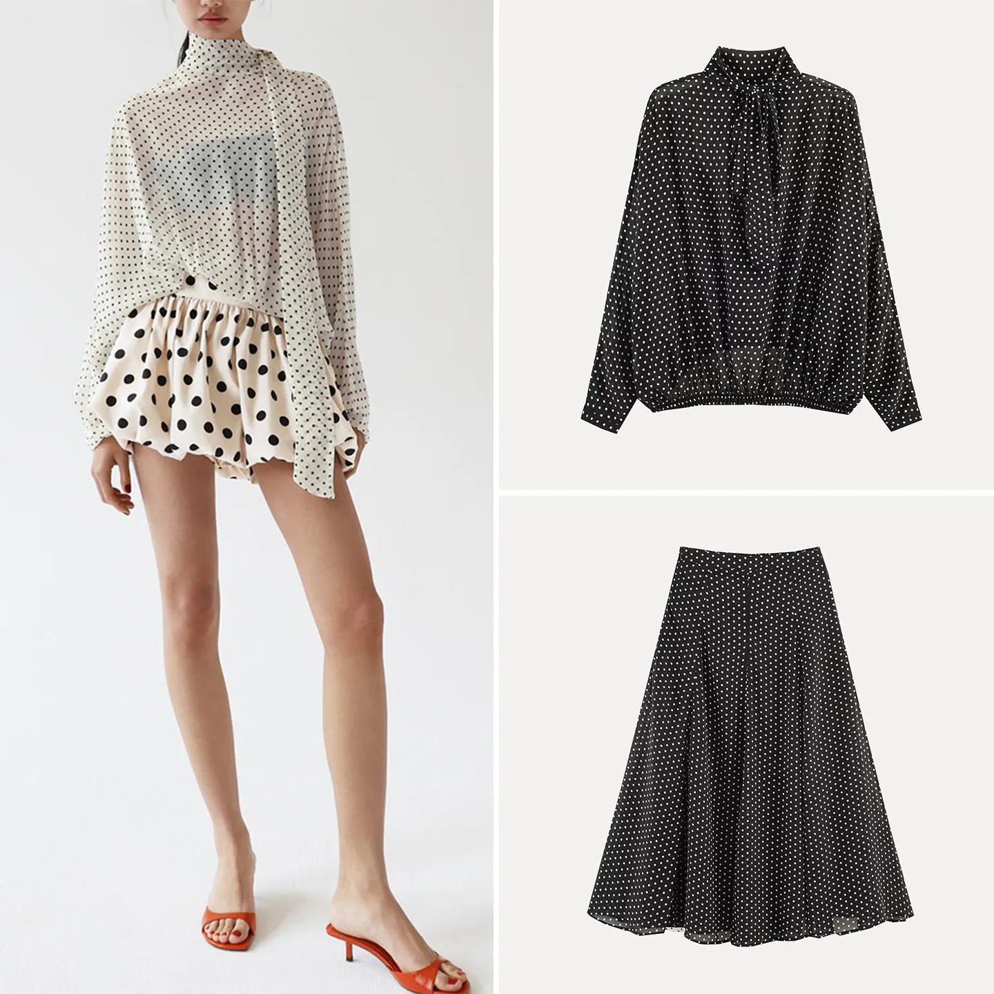 

Women's High Waist A-Line Midi Skirt with Bow Tie Polka Dot Top Fashionable Two-Piece Set Short Sleeve Long Sleeve Available