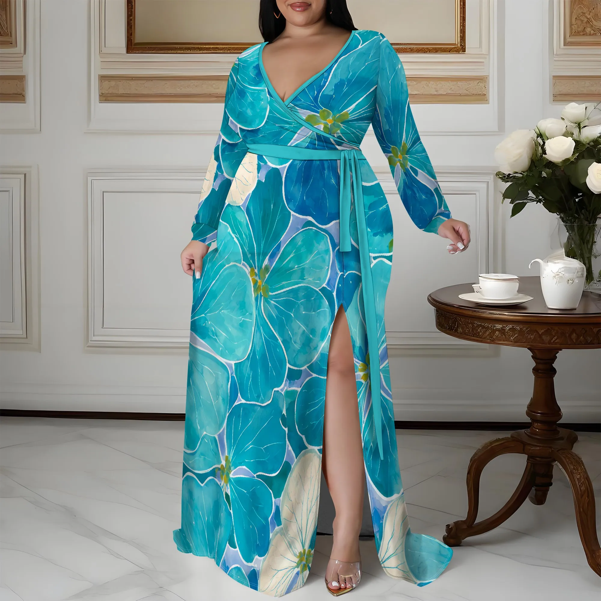 Nupusa Blue Floral Print Dress for Women Plus Size Casual V Neck Long Sleeve Belted Split Maxi Dress
