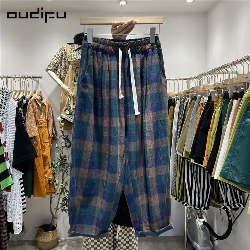 

2022 New Arrival Summer Arts Style Women Cotton Linen Ankle-length Pants Casual Loose Elastic Waist Plaid Straight Pants P597