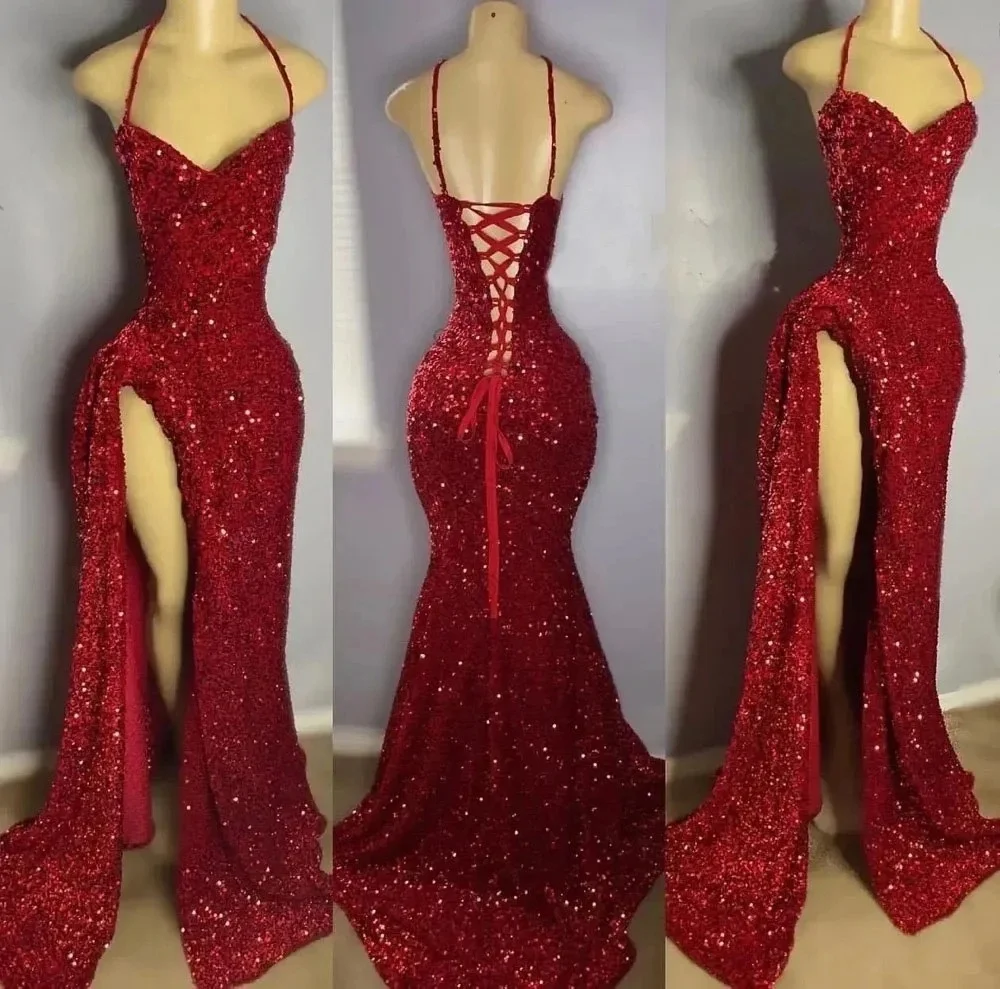 Burgunderrote lange Ballkleider für schwarze Mädchen, Neckholder, Pailletten, Schlitz, amerikanisch-afrikanische Abendkleider, Geburtstagsparty-Robe, individuell gestaltet