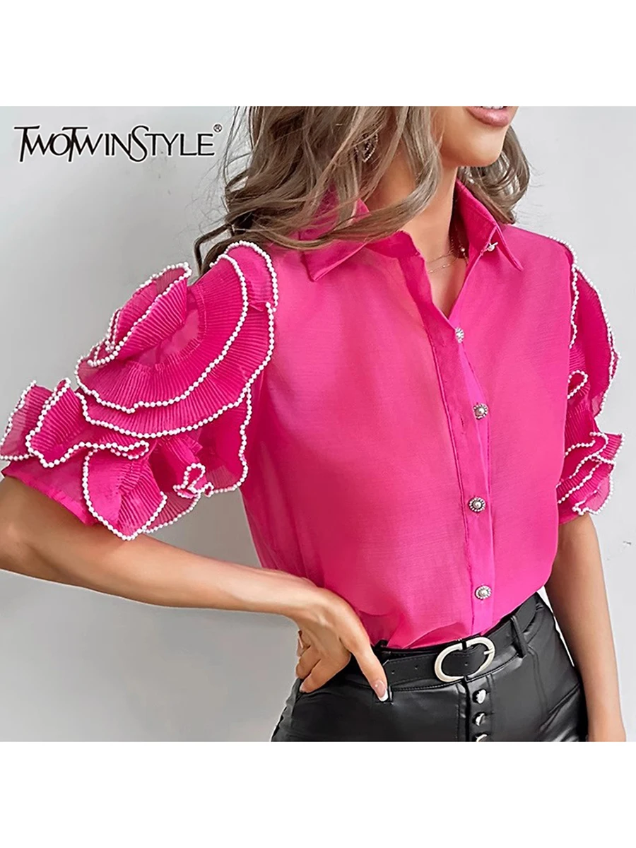 

TWOTWINSTYLE Solid Spliced Appliques Loose Blouses For Women Lapel Short Sleeve Temperament Patchwork Pearl Shirt Female Fashion