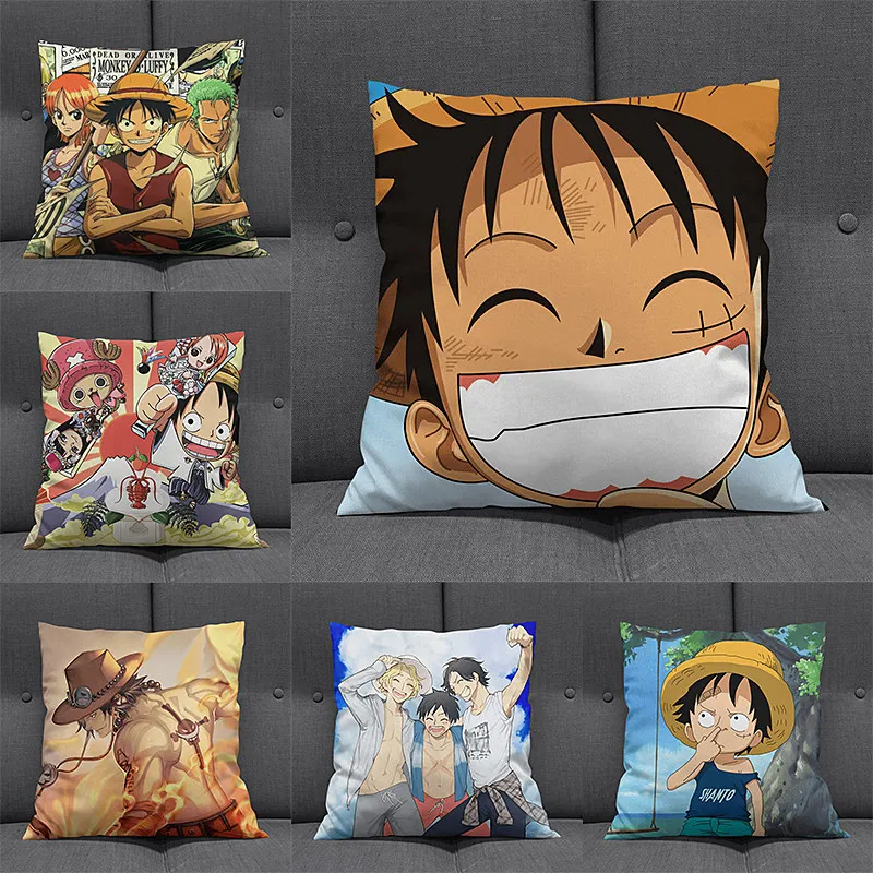 Anime OP Luffy Pillow Cover, Cute Chibi Smile Print Cushion Cover, Polyester Throw Pillow Case for Sofa Bedroom Car, Home Decor