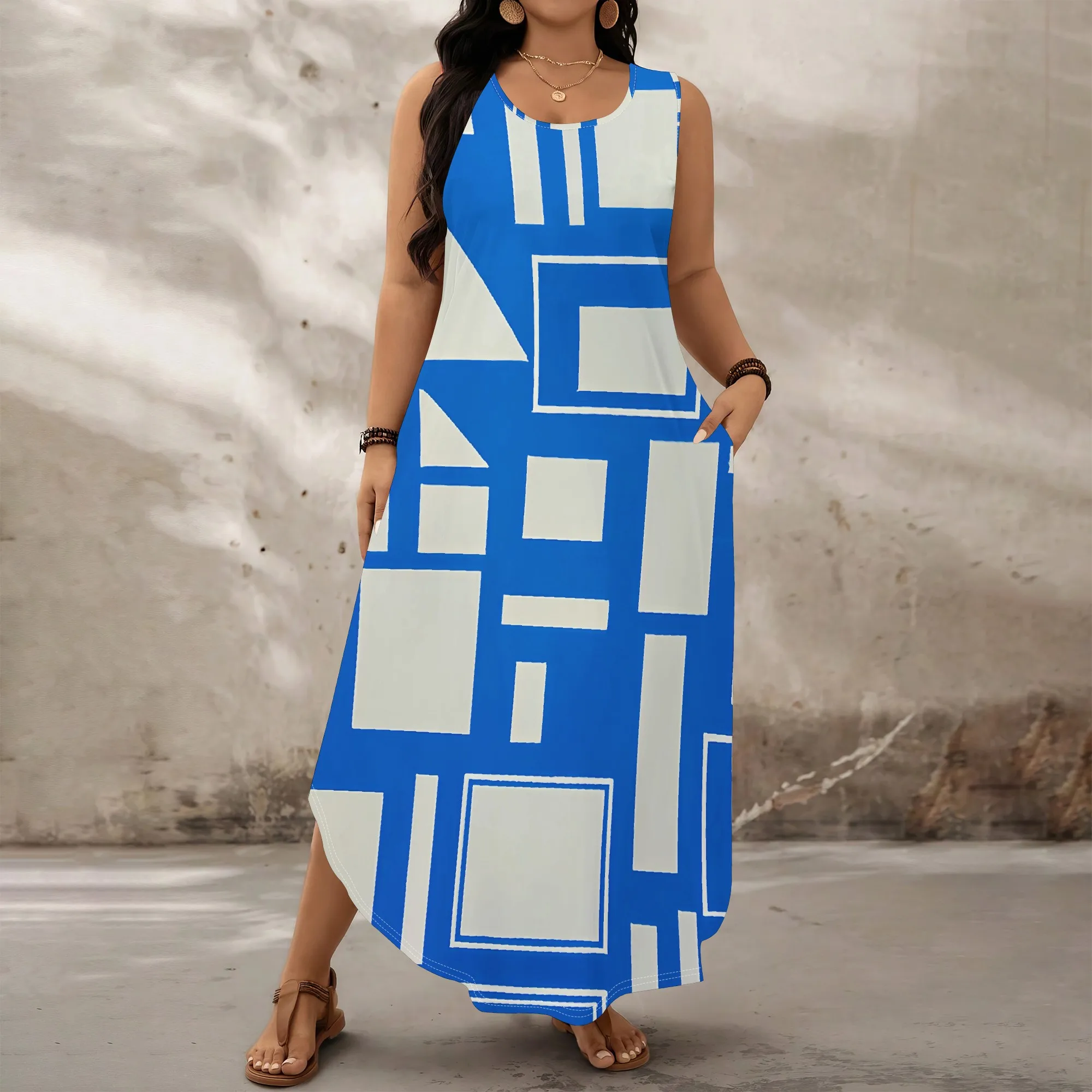 

Blue Geometric Print Plus Size Maxi Dress XL-6XL Sleeveless Loose Fit with Pockets for Beach Vacation or Summer Brunch