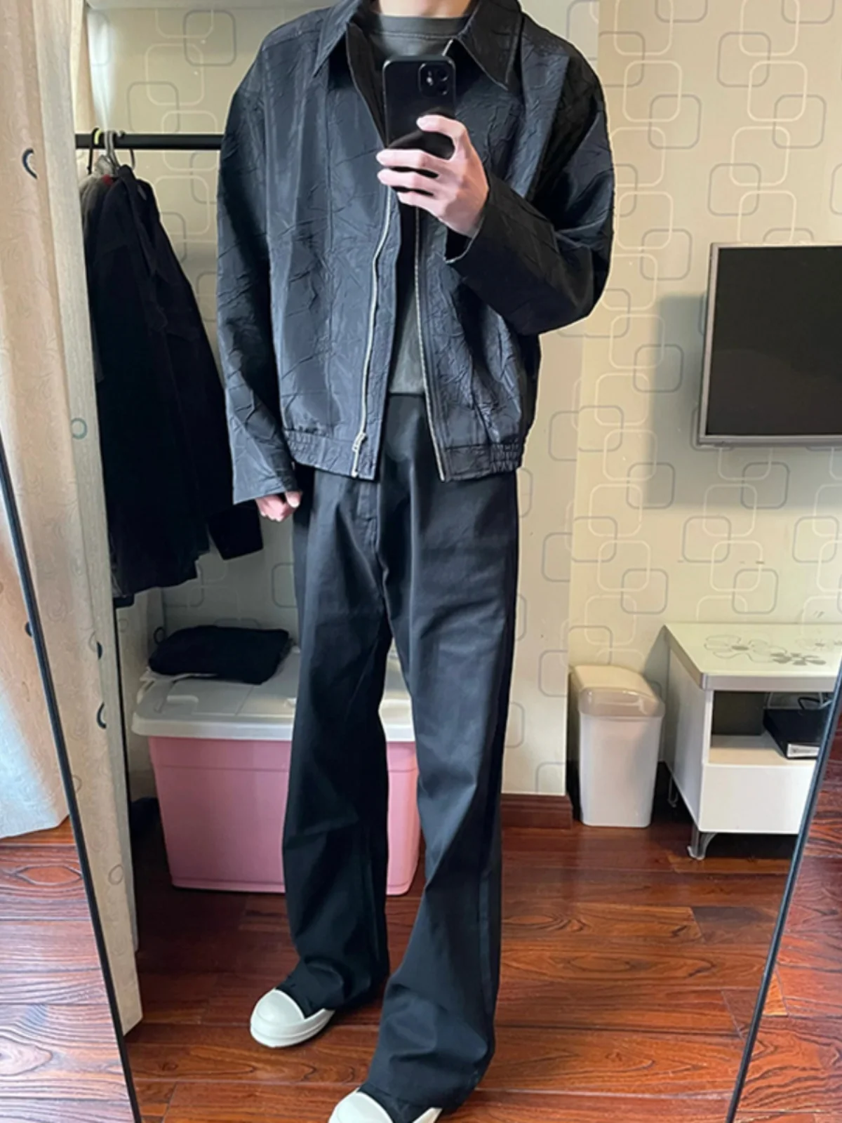 

Cleanfit Men's Short Folded Collar Jacket American Style Spring Autumn Trendy Brand High Texture Flip Collar Zipper Closure J...