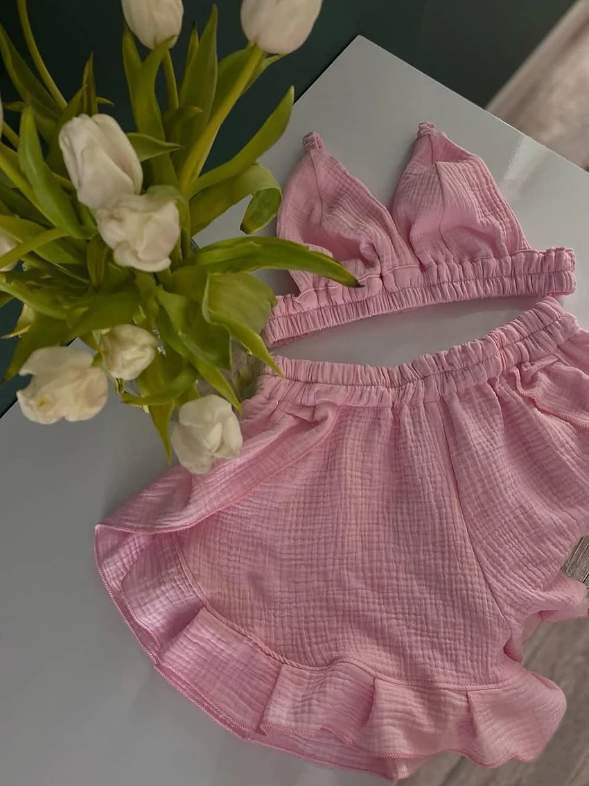 Marthaqiqi Pink Cotton Women Sleepwear Suit Tank Top Pajama Crop Top Pyjama Spaghetti Strap Nightwear Shorts Home Clothes Ladies