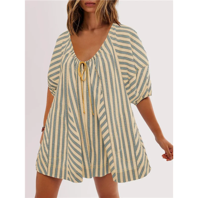 A83F-レディース オーバーサイズ ストライプ ロンパース ドレス ショートパンツ ジャンプスーツ ビーチ バケーション ウェア ポケット付き