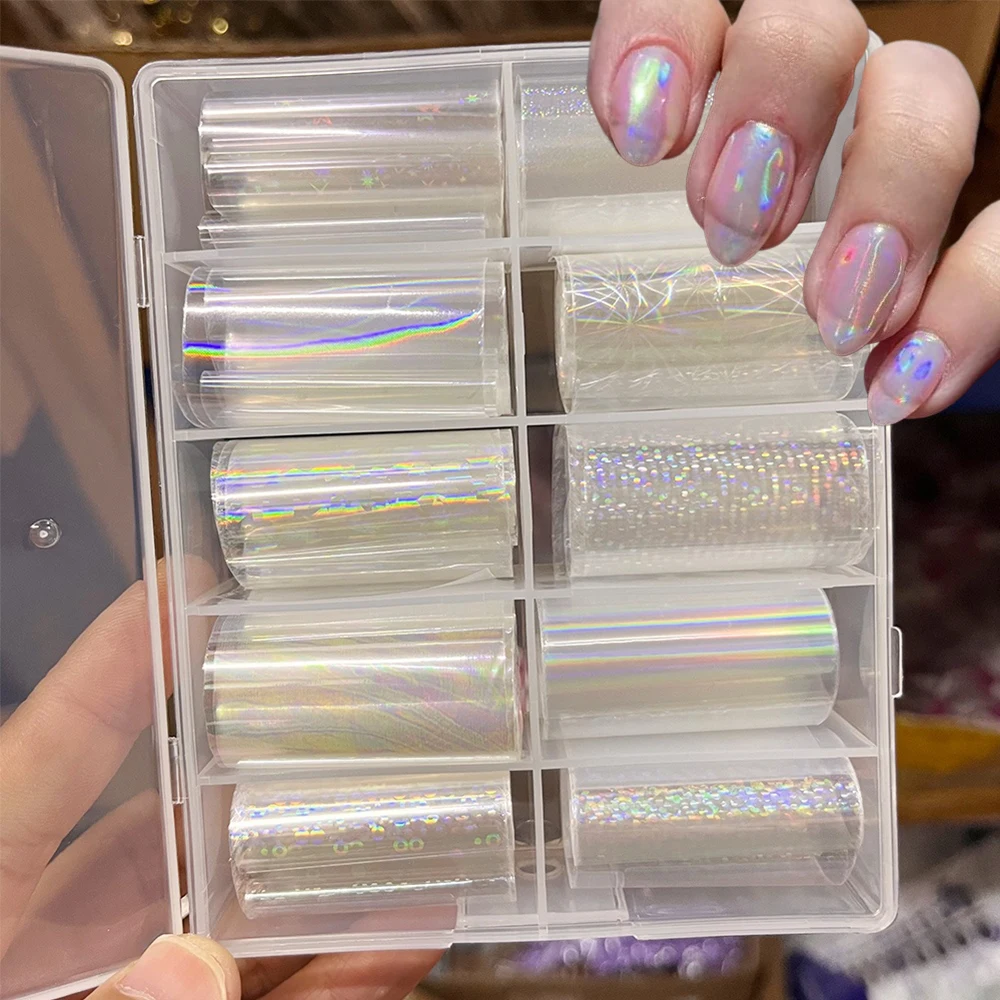 

10Rolls 4*50cm Laser Aurora Transfer Foil Nail Art Full Wraps Holographic Clear Nail Foil Transfer Sticker Nail Art Decoration