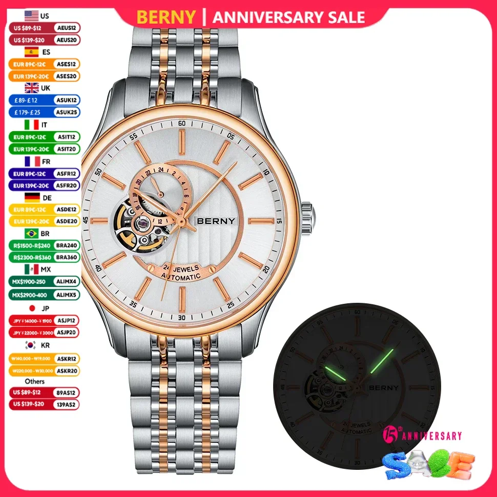 BERNY Mechanical Man Watch NH39 Luxury Elegant Skeletonized Dial Sapphire Automatic Dress Watches Full Stainless Steel Business