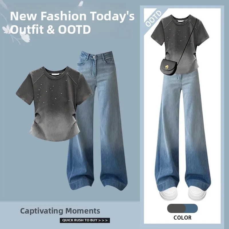 

Faionable adient Slim Fit ort Sve футболка и джинсовый комплект с высокой талией круглый Ne костюм из двух предметов для молодых женщин