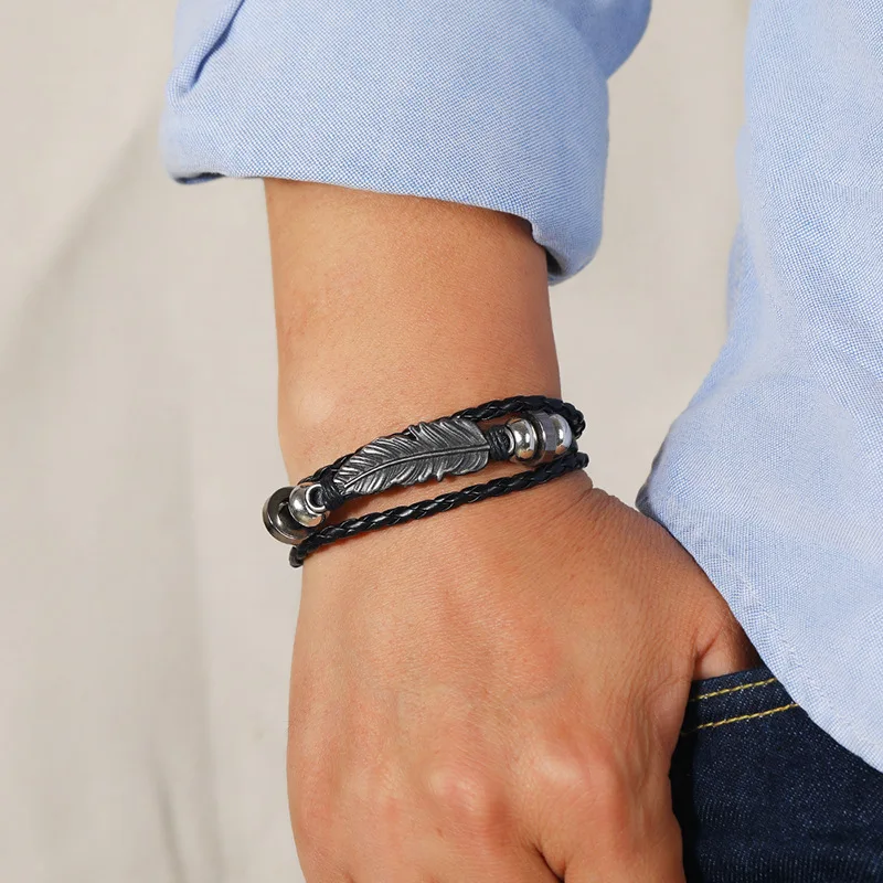 

Браслет с перьями, кожаный браслет, мужской классический модный многослойный кожаный браслет с перьями и крыльями для мужчин, ювелирные изделия, подарок