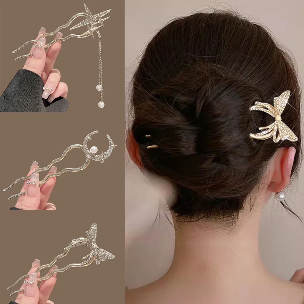Horquilla para el Cabello en Forma de U con Diseño de Corazón de Flor de Perla, Pasador para el Cabello para Mujer, Lazo, Cruz, Estrella, Palillos para el Cabello de Metal, Accesorios Versátiles para el Cabello de Niñas