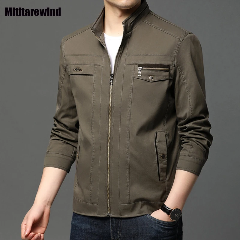 

Spring Fall Jackets Man England Style Cargo Jacket Man Causal Cotton Zipper Khaki Stand Collar Jacket Retro Men's Coat 2024 New