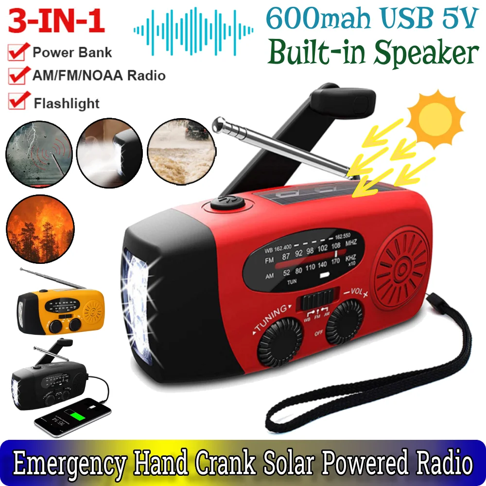 راديو الطوارئ AM/FM/NOAA 600mah USB 5V كرنك اليد تعمل بالطاقة الشمسية راديو الطقس المحمول المدمج في المتكلم 1.5 واط للتخييم