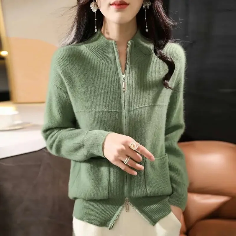 Fashion Knit Women Cardigan Casual Full Sleeve Zipper Stand Pleated Slim Lady Sweater 2025 Spring Autumn Office Female Knitwear