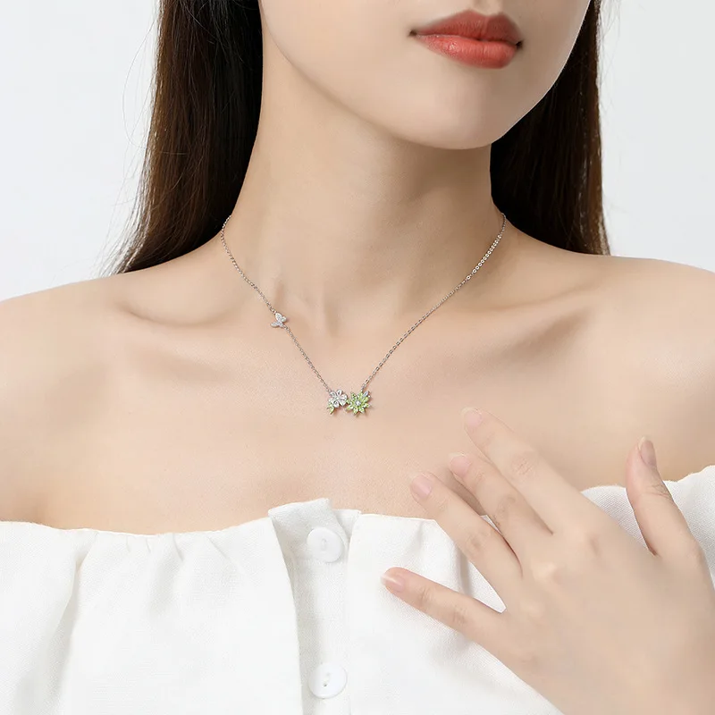 European Sparkling 925 Sterling Silver Green Flower Pendant Necklace AAA CZ For Women Birthday Gift Jewelry