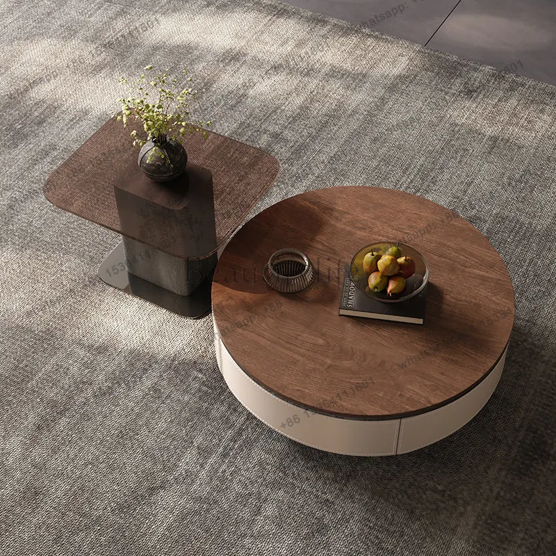 

Retro style high and low combination coffee table round solid wood telescopic walnut saddle leather