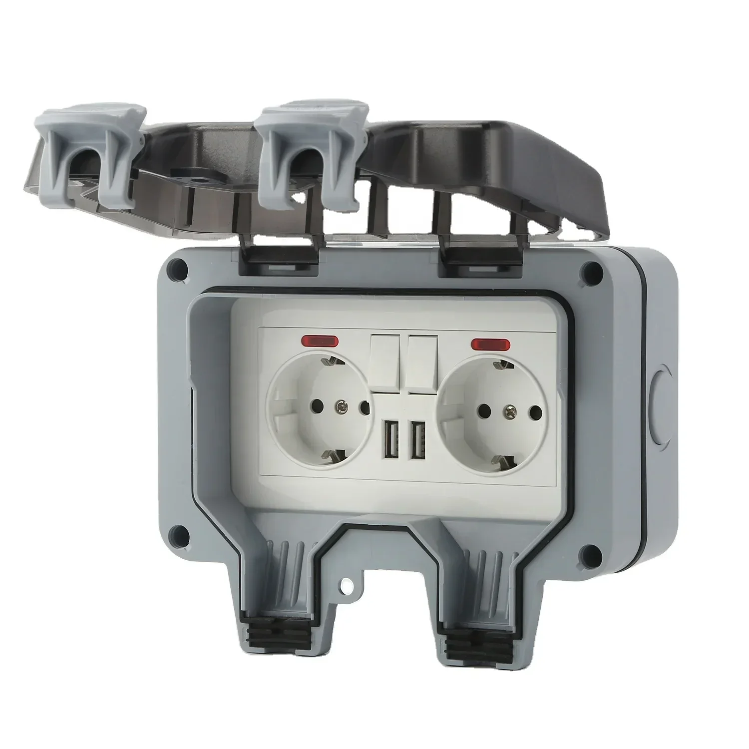 IP66 Weatherproof Switch Socket Box Double German Electric Wall Socket Switch Outdoor Waterproof Box Cover Stock Outlet