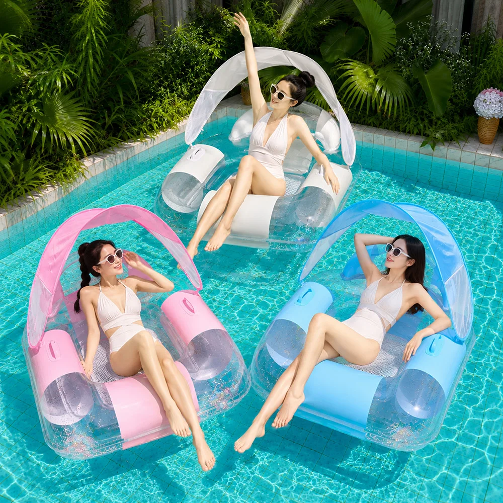 Inflatable Floating Row Swimming Ring Bed Adult Children Sunshade Sequined Recliner Water Floating Bed