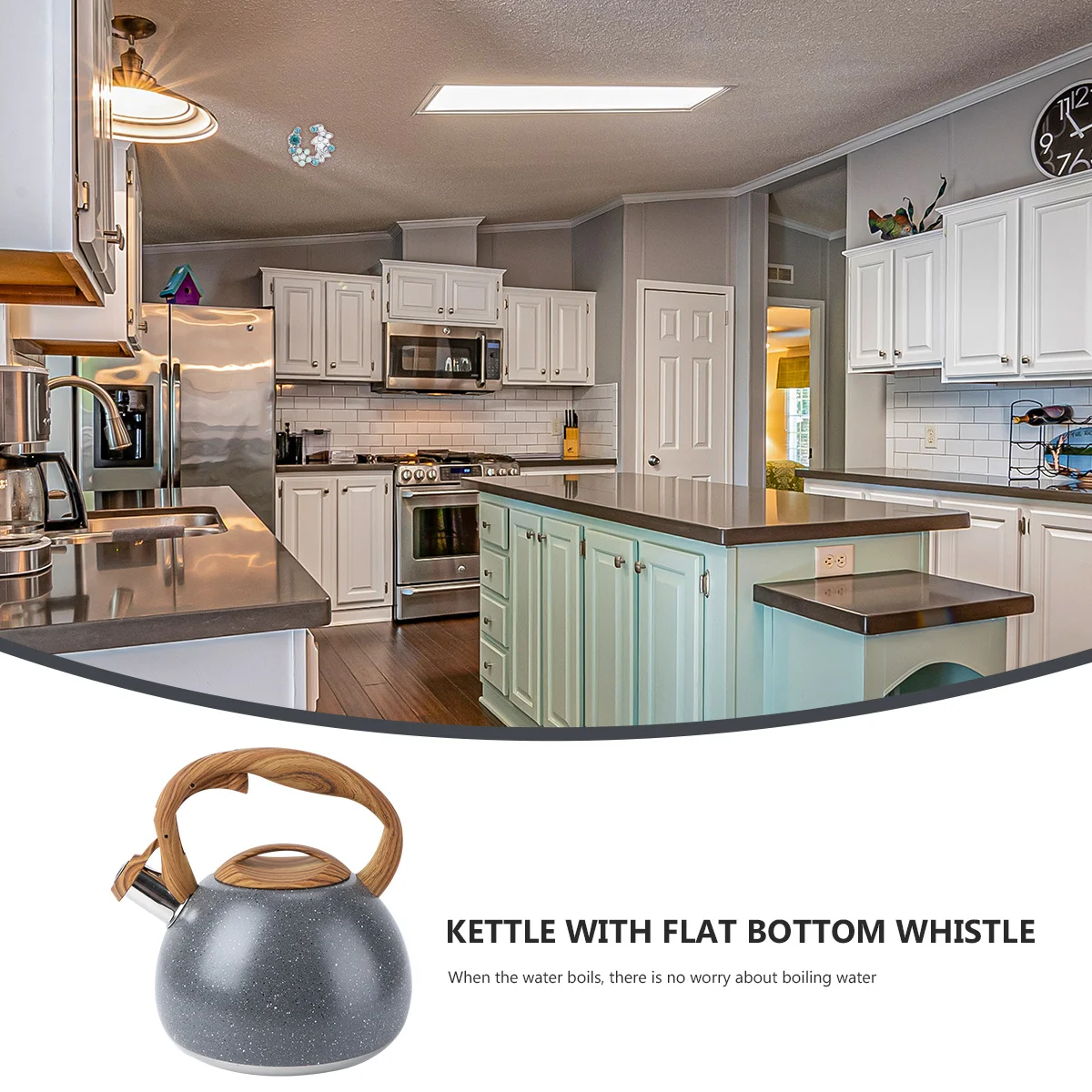 

1pc 2.8L Wooden Handle Whistling Kettle Stainless Steel Tea Pot Grey Flat Bottom Design For Office Family Outdoor