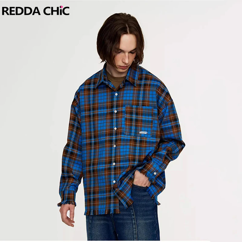 

REDDACHIC Мужская рубашка в клетку с цветными блоками, повседневная свободная однобортная блузка с лацканами и длинными рукавами, карманная блузка, верхняя рабочая осенняя верхняя одежда