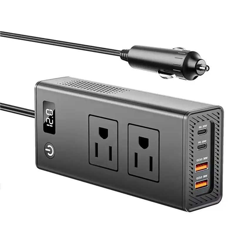 NEW HOT In Stock-Portable Car Inverter Adapter Convert 200W 4 USB Port 2 Sockets Plug Digital Display PD Fast Charging For Trave