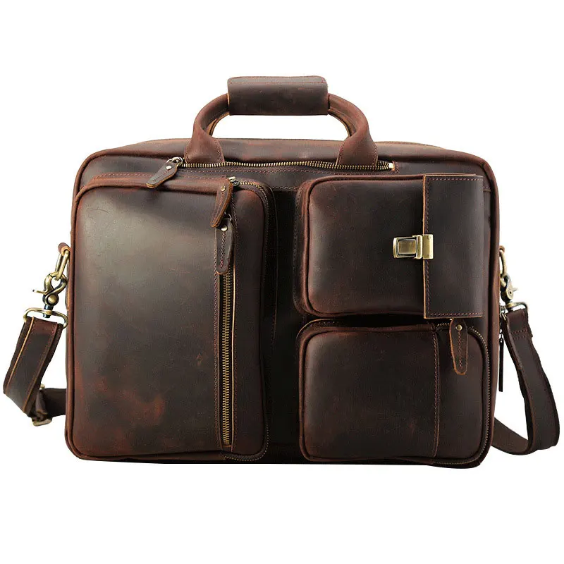 Men\'s briefcase leather men\'s bag cowhide business handbag official bag crazy horse leather backpack computer bag