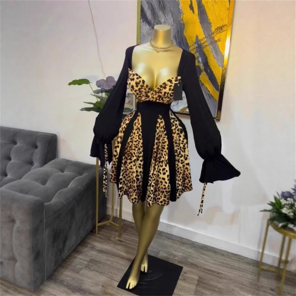 新作セクシー長袖レオパード柄デザインレディース服イブニングプロム誕生日ガウン2025セクシークラブパーティードレス