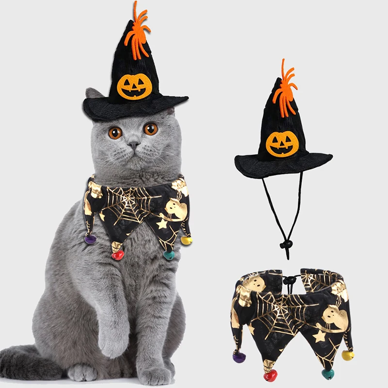 

1 Set Halloween Pumpkin Ghost Cobweb Set Cat Costumes Dress Up Hat Collar Accessories Adjustable Elastic Hat Collar for Dogs Cat