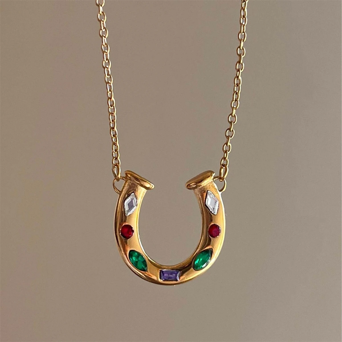 Rainbow Element Horseshoe U-shaped Kaleidoscope Lucky Symbol Inlaid Zirconia Necklace Women's Color Preserving