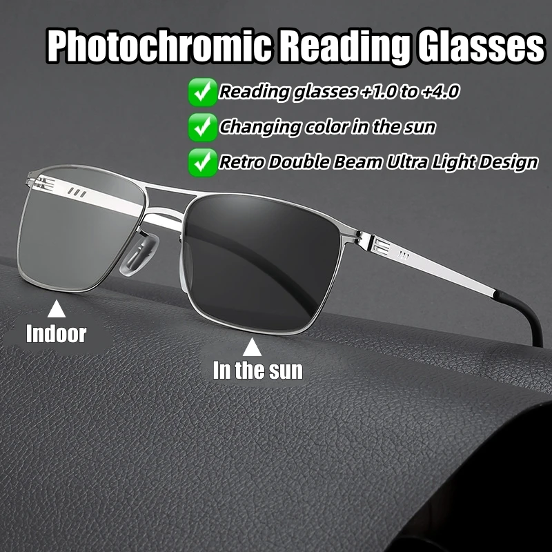 

Retro Business Double Beam Metal Photochromic Reading Glasses Men Blue Light Blocking Far Sight Eyewear High Definition Lenses