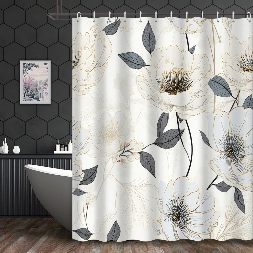 1pc 2D Flat Print Black and White Line Floral Pattern Shower Curtain,, Includes 12 Hooks, Bathroom Accessory, 2D Flat
