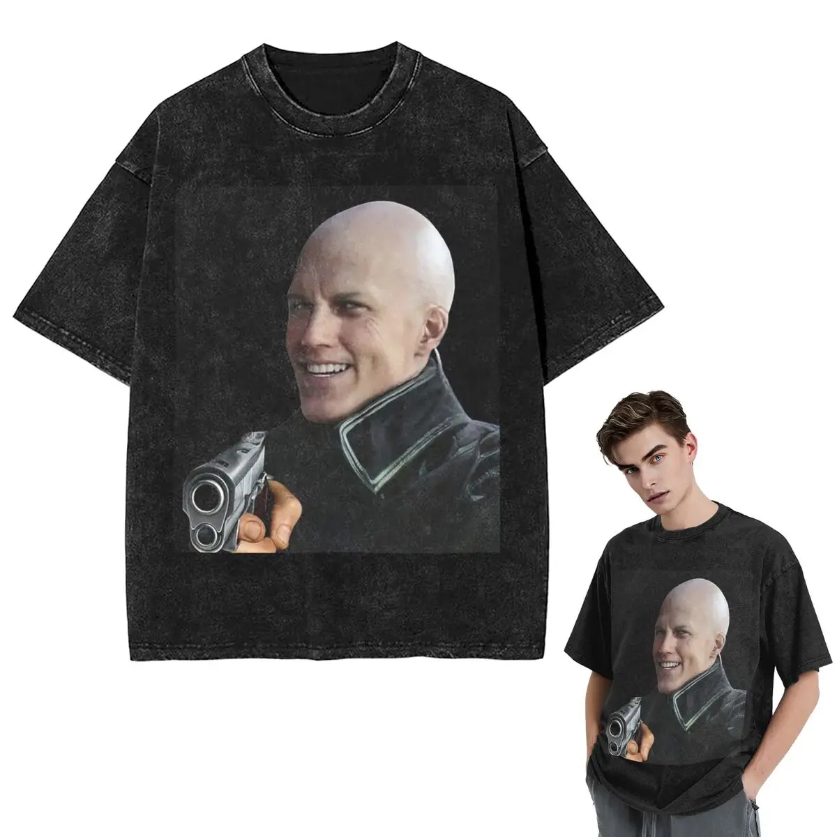 Streetwear T-Shirts Bald Vergil Pointing A Gun - Blursed Devil May Cry Funny Face Meme Washed T Shirt  Hip Hop T-Shirt Tops Tees