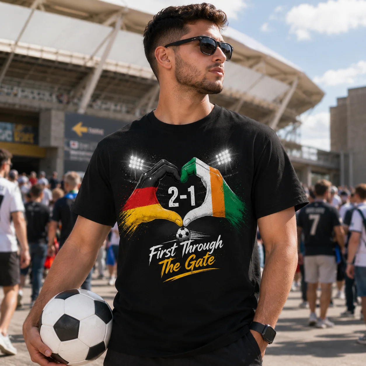 Football Unity T Shirt Two Country Flag Heart Hands Print Soft Tee For Match Day Stadium Supporter