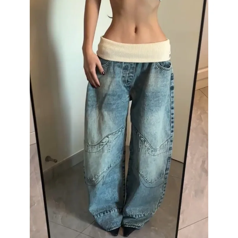 

Wide-leg Pants Loose Joker Overalls Y2K Hip-hop Stitching Fashion Joker Retro Jeans Female Korean Casual Simple Dress Essential