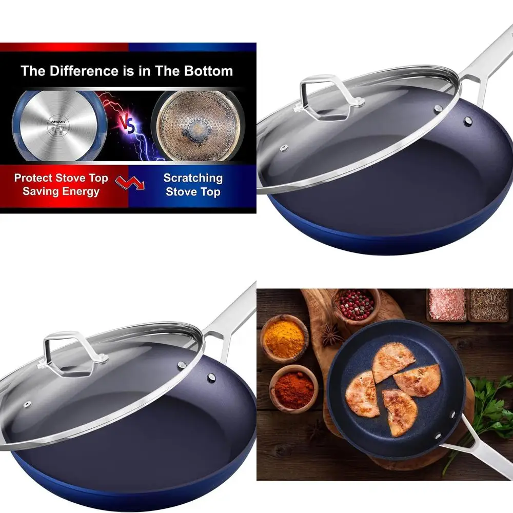 

Blue 12-inch Titanium & Diamond Coated Non-Stick Frying Pan Set with Lid, Durable, Even Heat, Easy Clean, Comfortable Handle, In