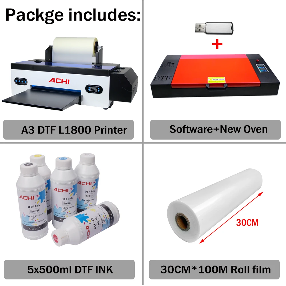 ACHI A3 DTF Printer L1800 Color Print to Film Printer T-shirt Heat Transfer Direct Transfer roll Film T-shirt Printing Machine