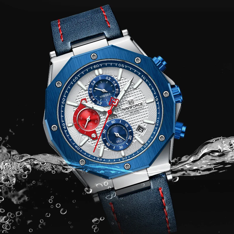 Luksusowe zegarki NAVIFORCE dla mężczyzn moda skórzany pasek wojskowy wodoodporny Sport Chronograph zegarek kwarcowy zegar z datą