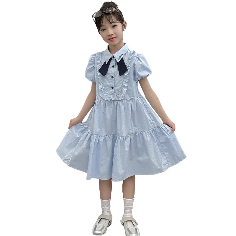 Girls' Preppy Princess Dress 2026 Summer New, School Style Gown for Kids Breathable Casual Daily Wear