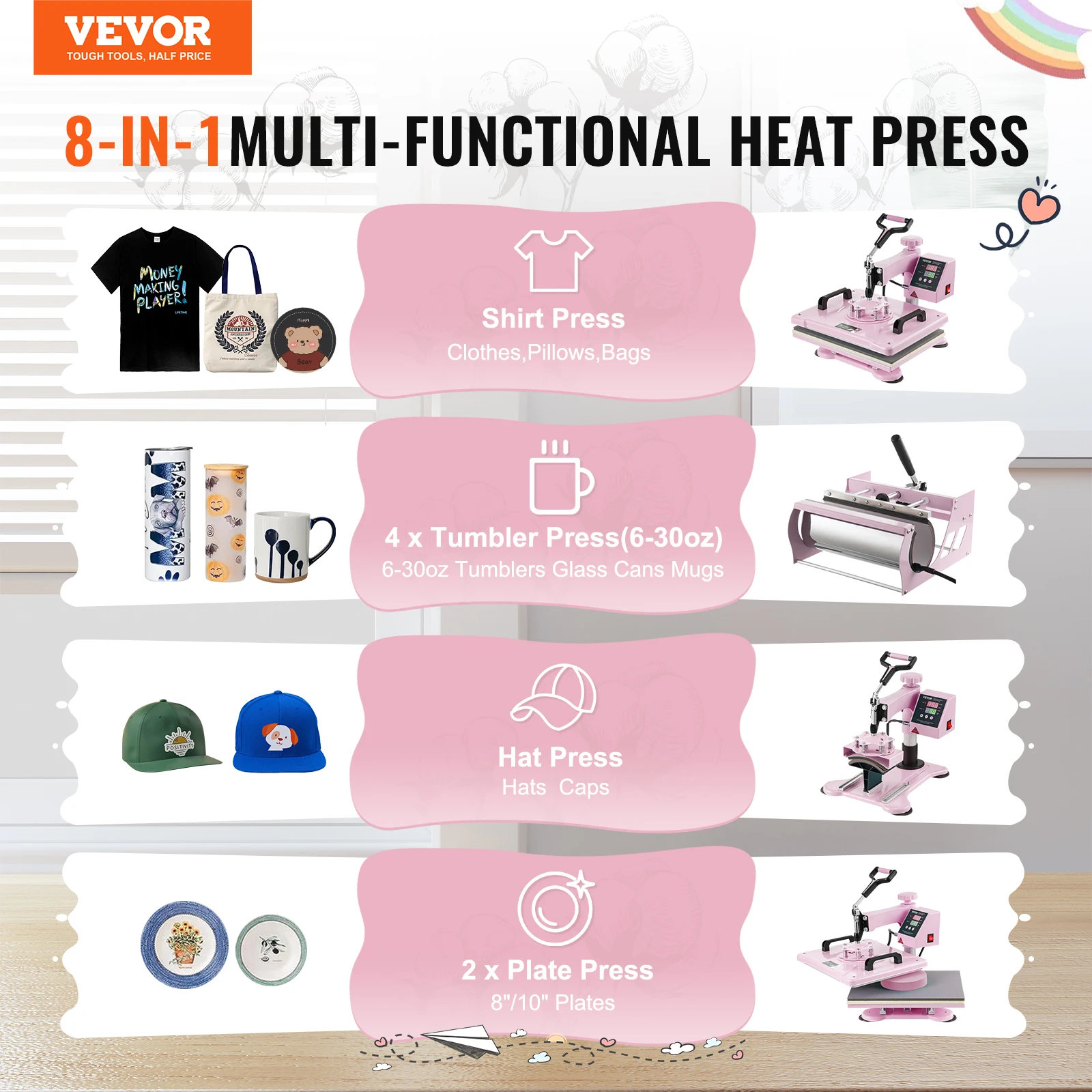 VEVOR Heat Press Machine 12 x 15 inch  8 in 1 Heat Transfer Machine 360° Swing Away T-Shirt for T-Shirts/Mugs/Hats/Plates Pink