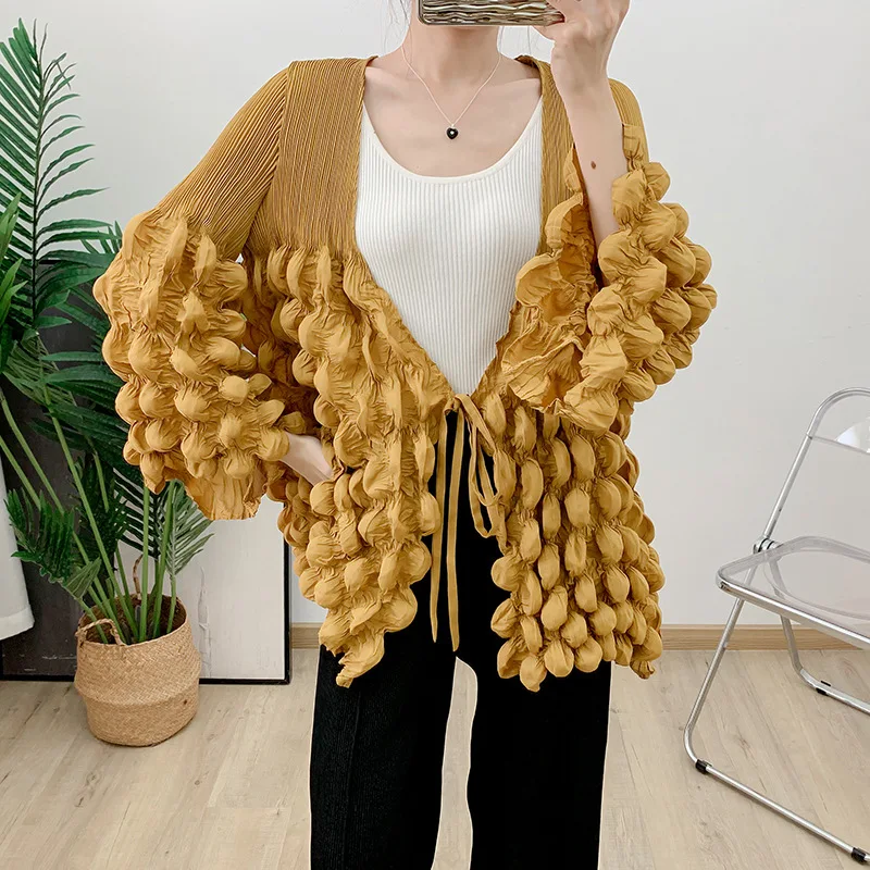 GGHK Pleated Bubble Women Jacket Solid Color Cardigan Tie Design Loose Large Size Fashion Casual Tops 2024 Autumn New