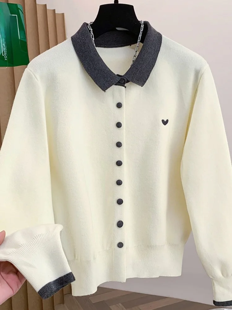 

Retro Color Blo Collar Single Button Knitted Open Cardigan Women's Autumn Winter Korean Sle Simple Love Embroidery S...