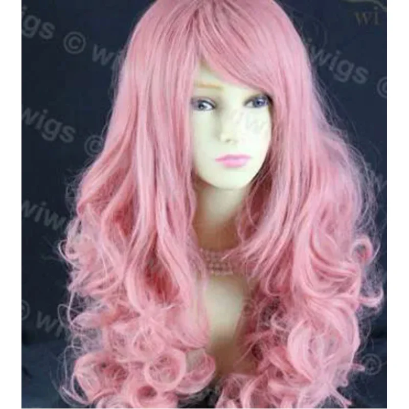 Stunning Long Curly Milk Pink Ladies Wig Skin Top Cosplay Wavy From WIWIGS UK