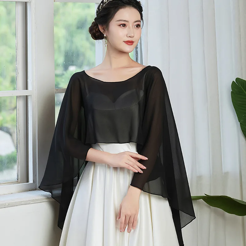 Robe cape en mousseline de soie noire pour femme, élégante, simple, douce, décontractée, haussement d'épaules pour femme, robe de soirée, châle rouge et blanc, mariage