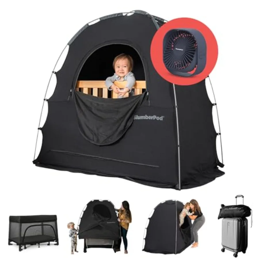 

Blackout Sleep Tent for Baby and Toddlers with Fan Mini Crib and Pack n Play Cover Blocks 95+ Light Black Includes Monitor Pouc