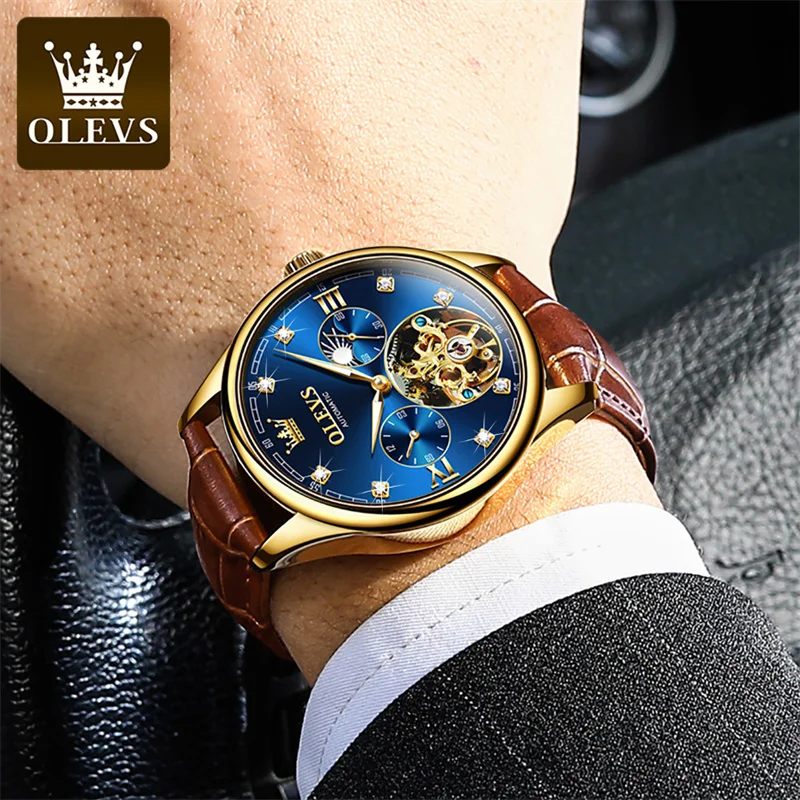 OLEVS Brand Classic Moon Phase Men Watches Automatic Mechanical Watch Men Tourbillon Clock Leather Waterproof Gold Blue Reloj