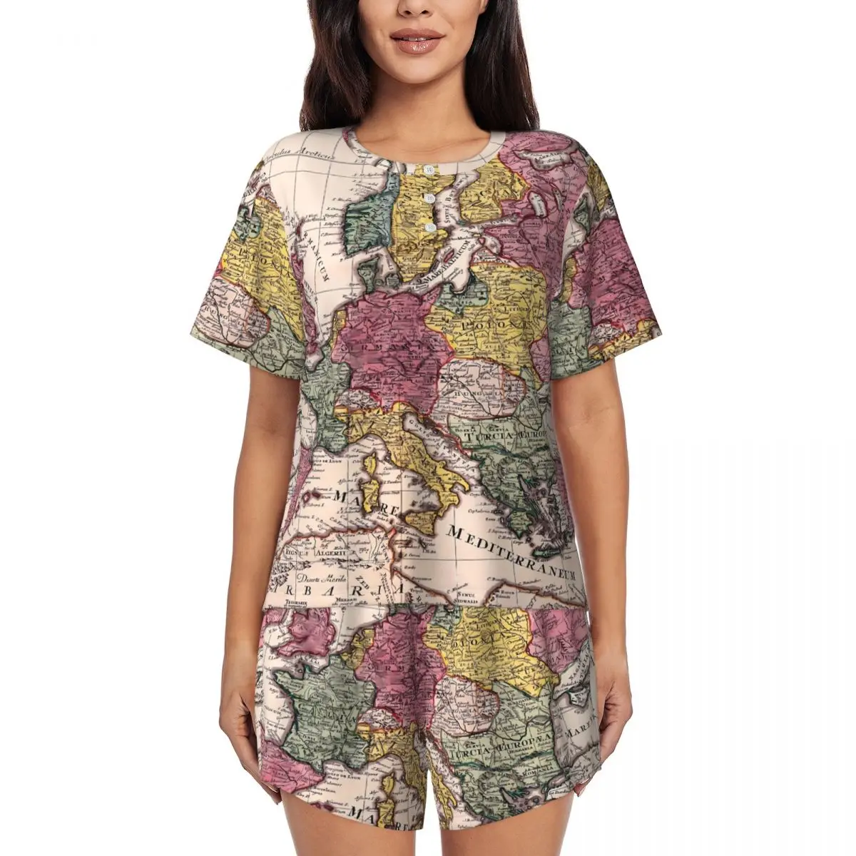 

Old World Map Pajamas Antique Map Short-Sleeve Trendy Pajama Sets 2 Pieces Night Summer Design Sleepwear Gift