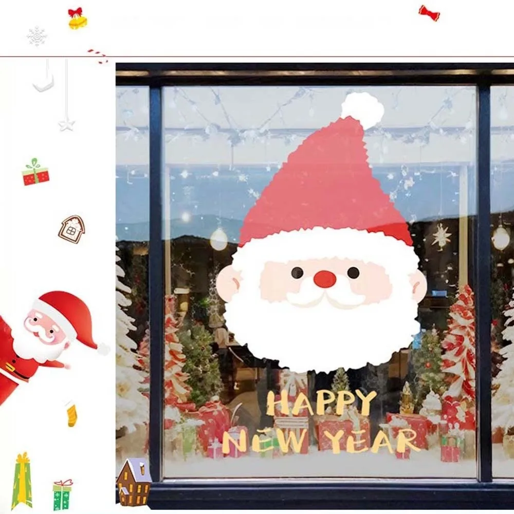 Colorful Santa Claus Stickers Christmas Tree Transparent Glass Electrostatic Film Visible on Both Sides Waterproof