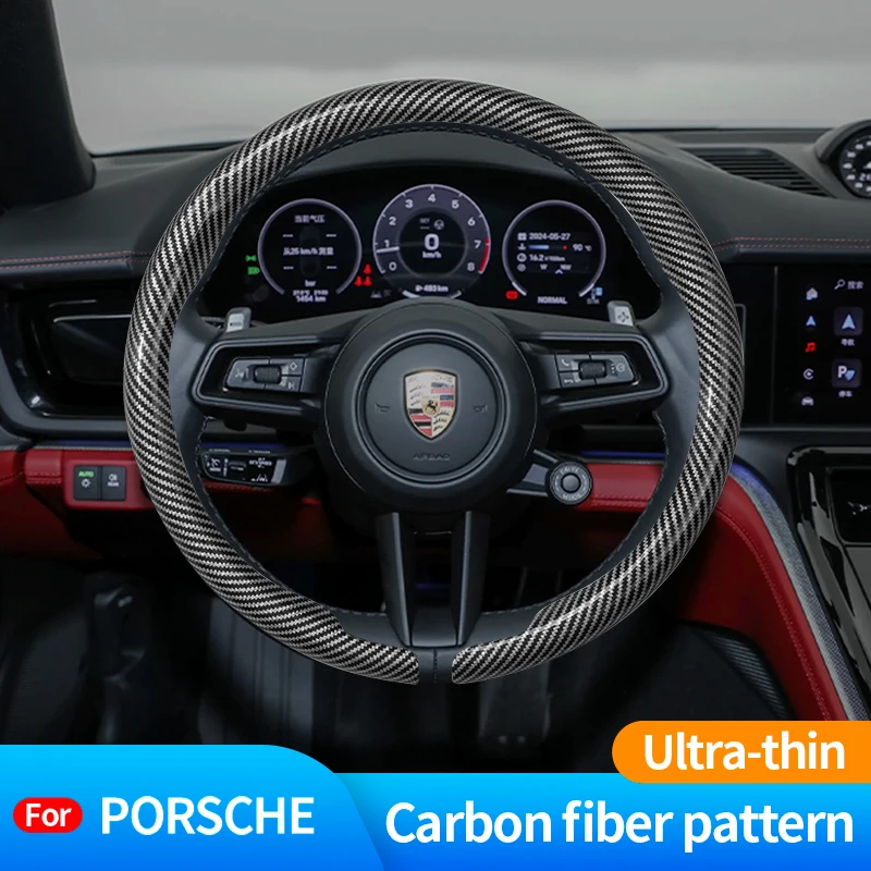 

For Porsche Cayenne Taycan Macan Panamera 718 911 Cayman Carbon Fiber Suede Car Steering Wheel Cover Auto Accessories