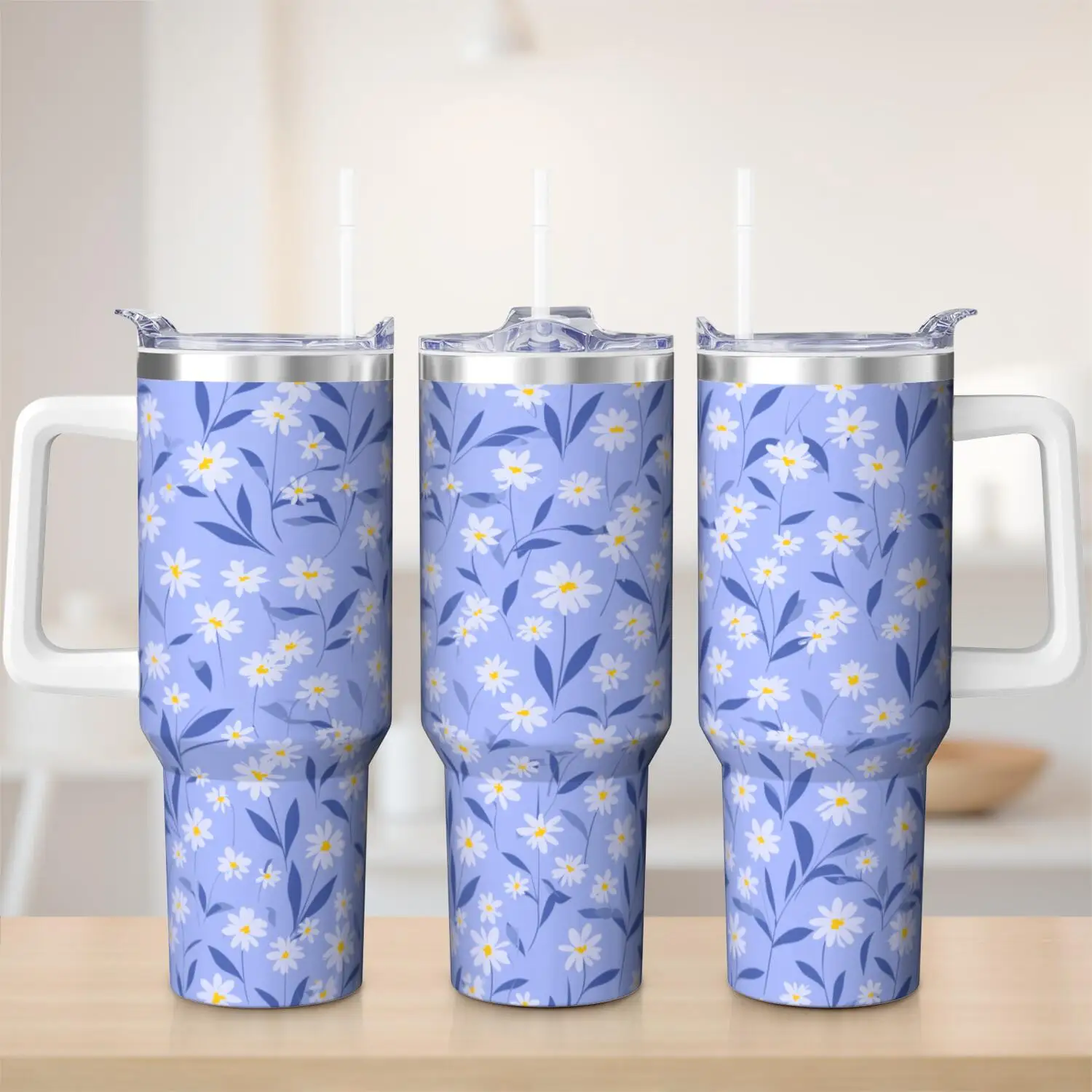 Small Daisy Handle Cup Set with Straw, Maximum Capacity 40oz, Inner Layer 304 Stainless Steel, Outer Layer 201 Stainless Steel, Seamless Inner Liner, Lid Made of PC Material, Suitable for Home, Office, Outdoor, Sports, and Car Use