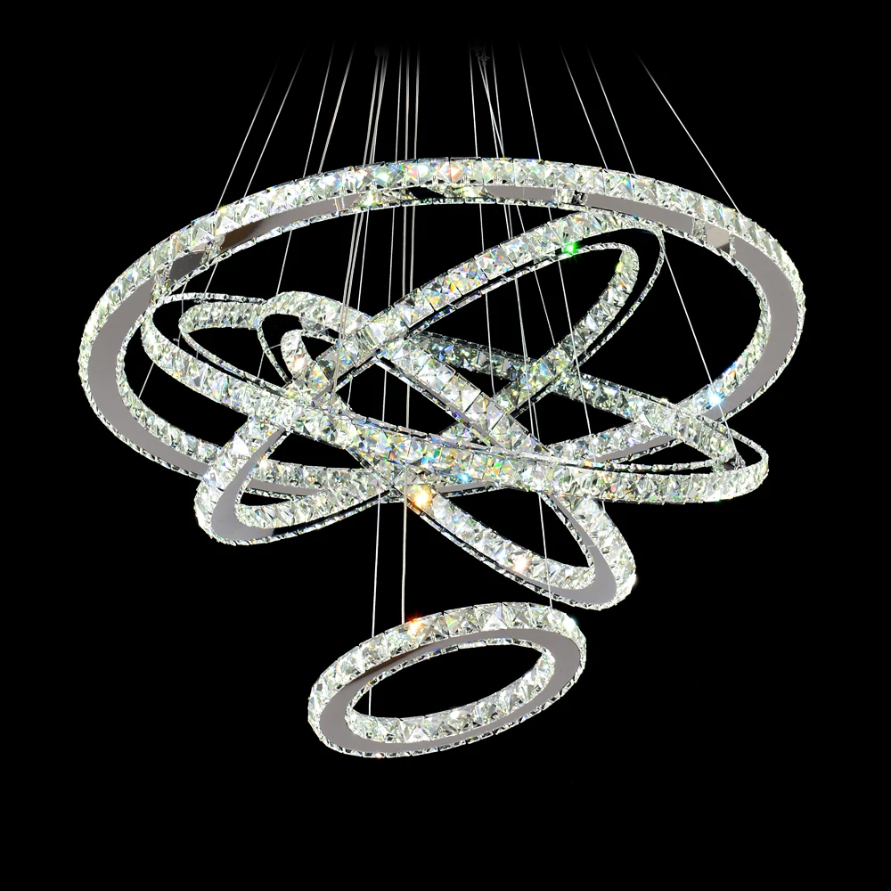 

MEEROSEE LED Crystal Chandelier Light Chrome Modern Pendant Lamp Fixture Hanging Lustres 5 Rings Lighting Home Decoration